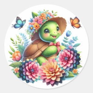 Heerlijk Bloemen Zee Schildpad Ronde Sticker