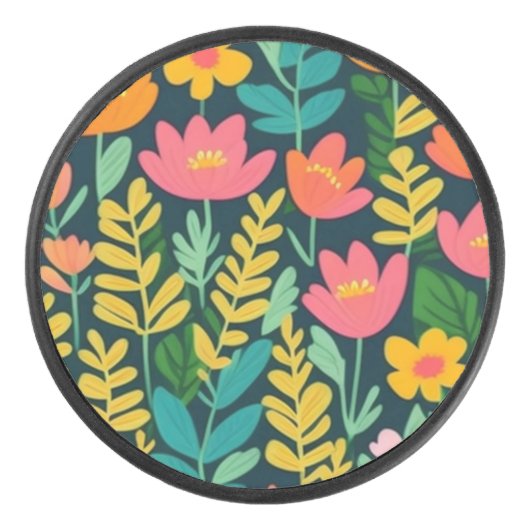 Heerlijk bloemig kleurrijk veld hockey puck (Voorkant)