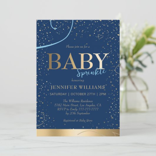 Heerlijk Goud Navy Blue Boy Baby Sprinkle Shower Kaart (Staand voorkant)
