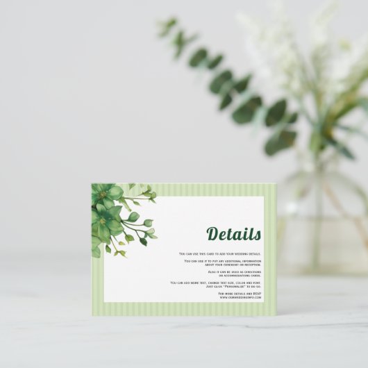 Heerlijk groen en strepen lente bruiloft details informatiekaartje (Staand voorkant)