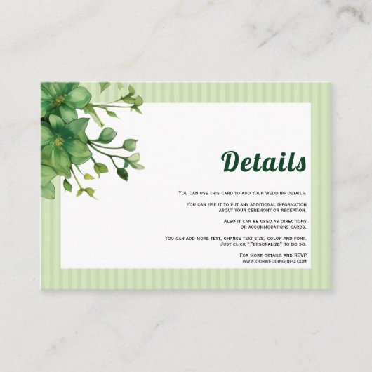 Heerlijk groen en strepen lente bruiloft details informatiekaartje (Voorkant)