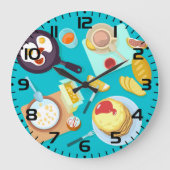 Heerlijk ontbijt pannenkoeken eieren koffie grote klok (Voorkant)