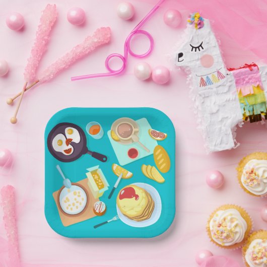 Heerlijk ontbijt pannenkoeken eieren koffie papieren bordje (Feest)