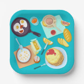 Heerlijk ontbijt pannenkoeken eieren koffie papieren bordje (Voorkant)