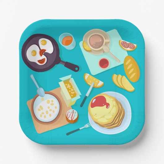 Heerlijk ontbijt pannenkoeken eieren koffie papieren bordje (Voorkant)