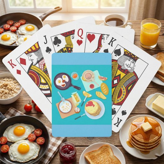 Heerlijk ontbijt pannenkoeken eieren koffie pokerkaarten
