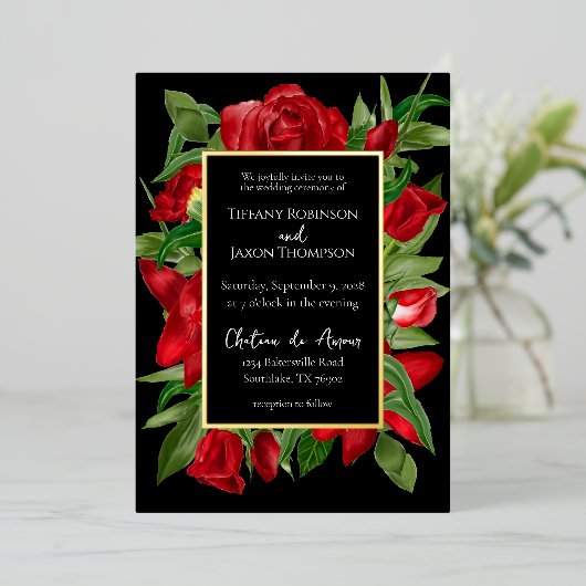 Heerlijk rood bloemenboeket echt folie uitnodiging (Staand Voorkant)