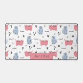 Heerlijk roze & blauw cartoon katten met naam bureaumat (Voorkant)