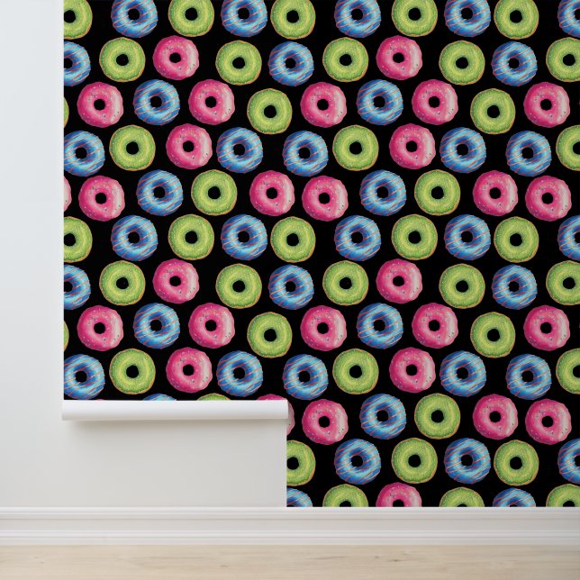 Heerlijk roze blauw groen donut voedselpatroon behang (Applicatie)