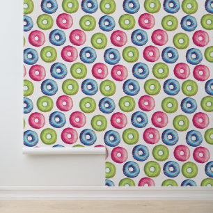 Heerlijk roze blauw groen donut voedselpatroon behang