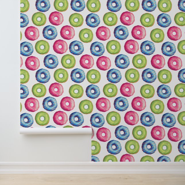 Heerlijk roze blauw groen donut voedselpatroon behang (Applicatie)