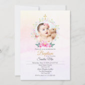 Heerlijk roze bloemen met foto doop uitnodiging (Voorkant)