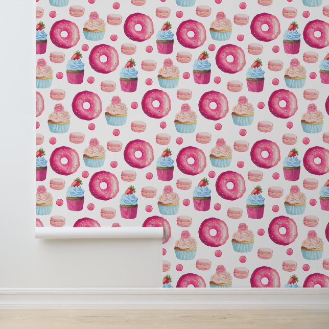 Heerlijk roze donut voedselpatroon behang (Applicatie)