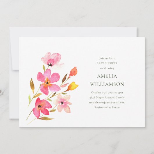 Heerlijk roze Waterverf bloemig Baby shower Kaart (Voorkant)