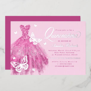Heerlijk Roze Zilveren Vlinder Jurk Quinceanera  Folie Uitnodiging