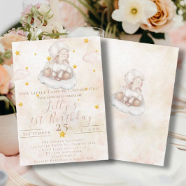 Heerlijk Schaap roze wolk stof sterren 1e Verjaard Kaart