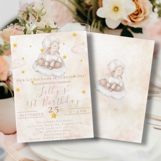 Heerlijk Schaap roze wolk stof sterren 1e Verjaard Kaart