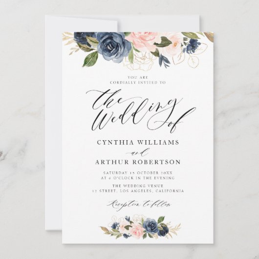 heerlijk script navy en bruine roze bruiloft kaart (Voorkant)