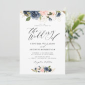 heerlijk script navy en bruine roze bruiloft kaart (Staand voorkant)