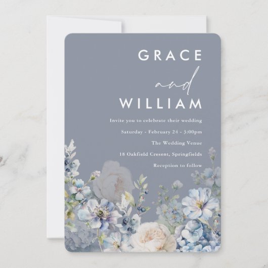Heerlijk stoffig blauw & wit bloemenbruiloft kaart (Voorkant)