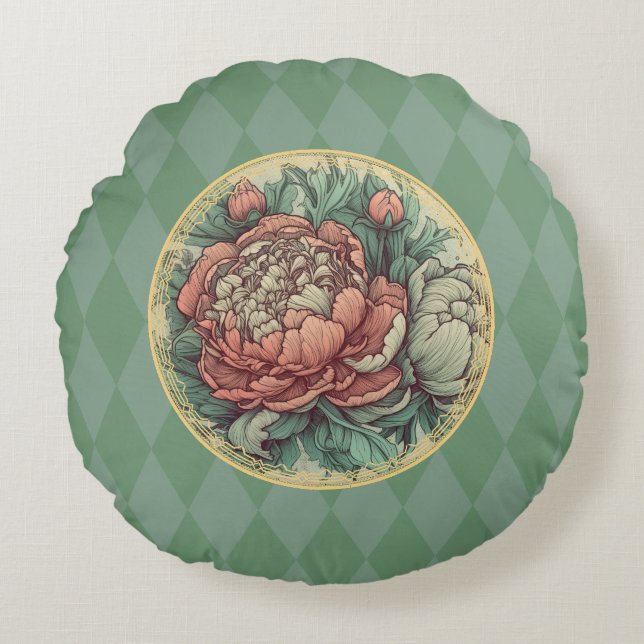 Heerlijke Art Nouveau Pioenrozen Rond Kussen (Voorkant)