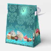 HEERLIJKE CUPCAKES BLAUWGROEN DAMASK BLUE GEM MONO BEDANKDOOSJES (Achterkant)