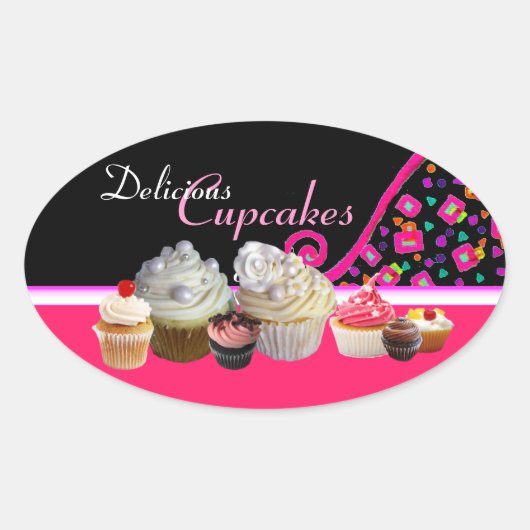 HEERLIJKE CUPCAKES VERJAARDAGSFEEST Roze Stippen Ovale Sticker (Voorkant)