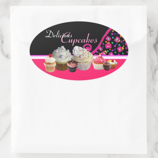 HEERLIJKE CUPCAKES VERJAARDAGSFEEST Roze Stippen Ovale Sticker (Tas)