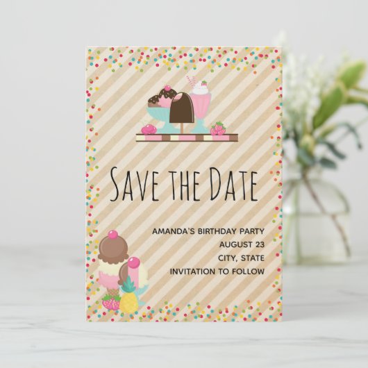 Heerlijke Ice Cream & Float Sweet Dessert Verjaard Save The Date (Staand voorkant)