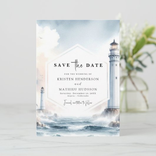 Heerlijke Oceanic Elegance Lighthouse bruiloft Save The Date (Staand voorkant)