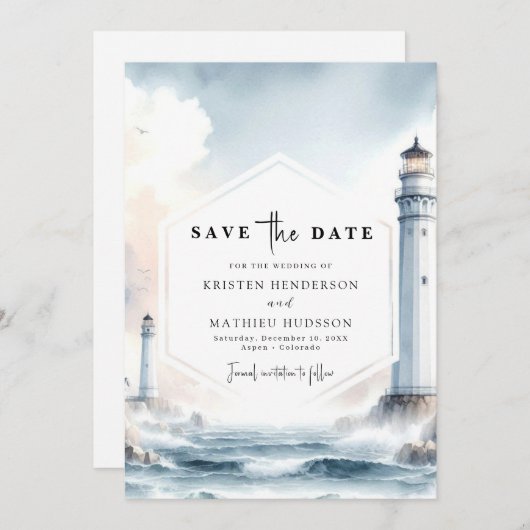 Heerlijke Oceanic Elegance Lighthouse bruiloft Save The Date (Voorkant / Achterkant)