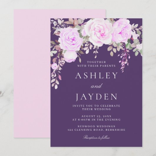 Heerlijke Paarse & Violet Bloemen bruiloft Kaart (Voorkant / Achterkant)