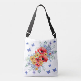 Heerlijke rode klaprozen, zonnebloemen & vlinders crossbody tas