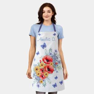 Heerlijke rode klaprozen, zonnebloemen & vlinders schort