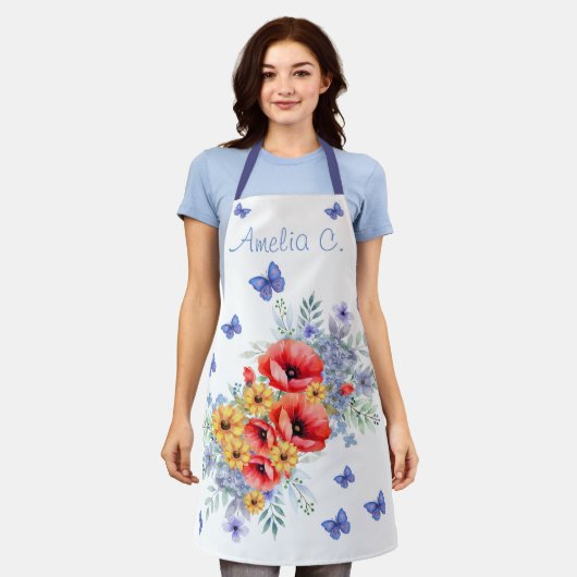 Heerlijke rode klaprozen, zonnebloemen & vlinders schort (Gedragen)