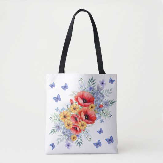 Heerlijke rode klaprozen, zonnebloemen & vlinders tote bag (Voorkant)