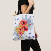 Heerlijke rode klaprozen, zonnebloemen & vlinders tote bag (Dichtbij)