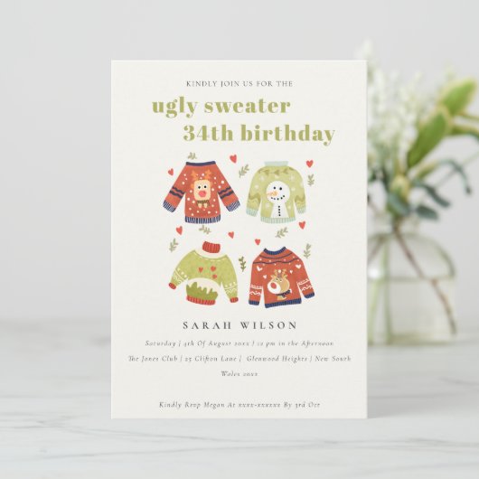 Heest Winter Ugly Sweater Elke zondag Uitnodigen Bedankkaart (Staand voorkant)