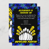 Heet Blauw Jongen Gepersonaliseerde Bowling Party  Kaart (Voorkant / Achterkant)