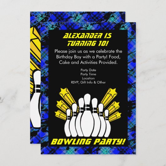 Heet Blauw Jongen Gepersonaliseerde Bowling Party  Kaart (Voorkant / Achterkant)