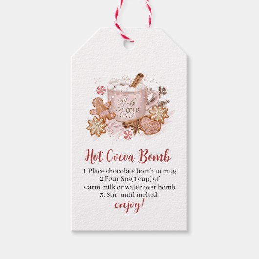 Heet cacao Bomb snoeit en baby is buiten koud Cadeaulabel (Voorkant)
