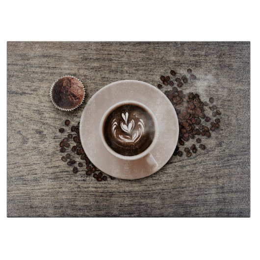 Heet cacao en cacaobonen snijplank (Voorkant)