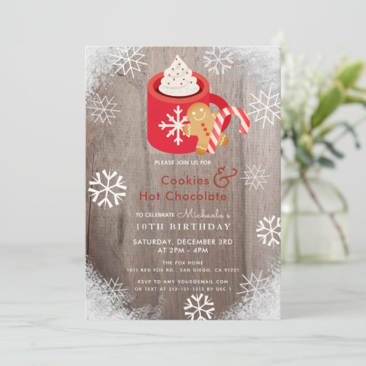 Heet Cacao & Koekjes Rode Verjaardagsuitnodiging Kaart (Staand voorkant)