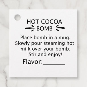 Heet cacaombom labels, richtingen, instructie bedankjes labels