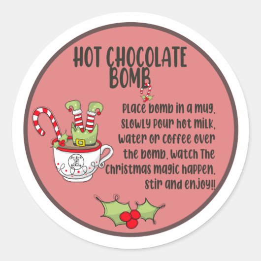 Heet cacaombom sticker, heet chocoladebom ronde sticker (Voorkant)