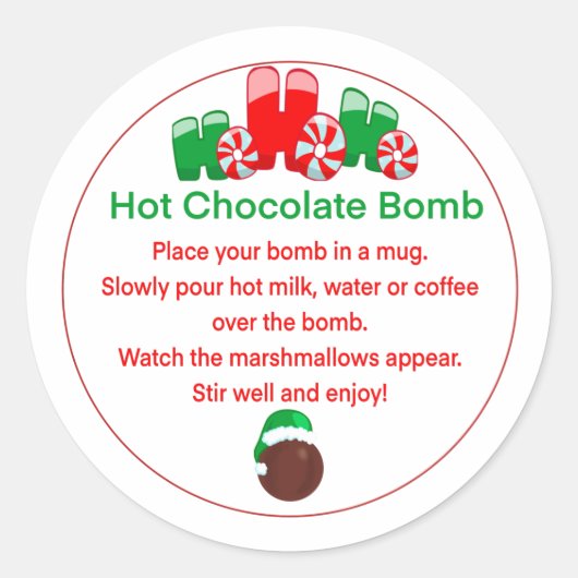 Heet cacaombom sticker, heet chocoladebom ronde sticker (Voorkant)