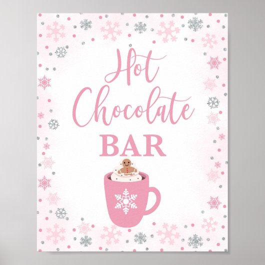 Heet Chocolade Bar Winter Roze Sneeuwvlokken Teken Poster (Voorkant)