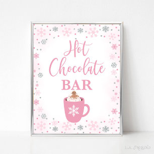 Heet Chocolade Bar Winter Roze Sneeuwvlokken Teken Poster