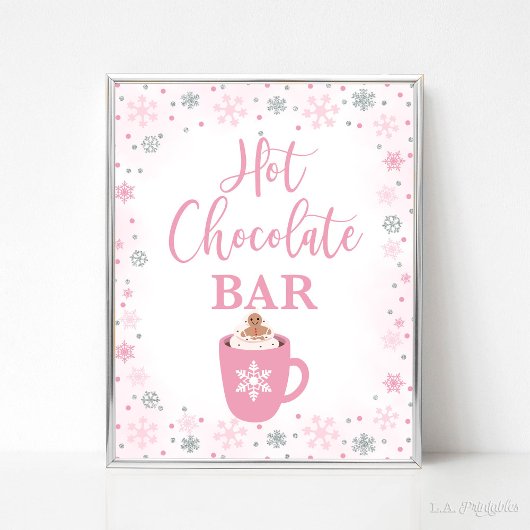 Heet Chocolade Bar Winter Roze Sneeuwvlokken Teken Poster