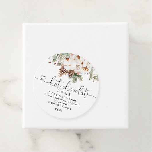 Heet chocoladebom label. Evergreen hot cacaobom Bedankjes Labels (In situ)